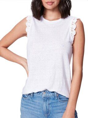 PAIGE Chrissy Linen Tank Top White w/ Crochet Lace Ruffle Trim Size M